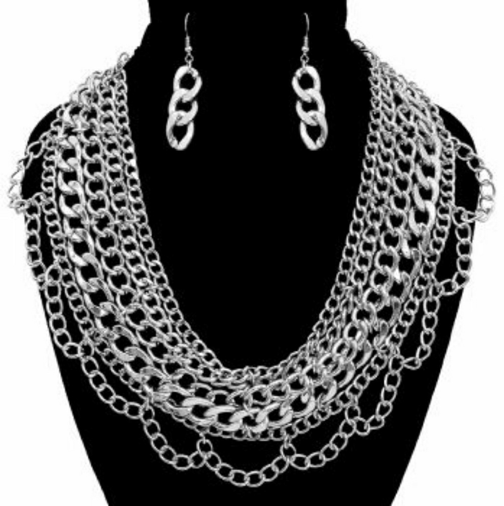 Silver Multi Chain Necklace and Earrings Set